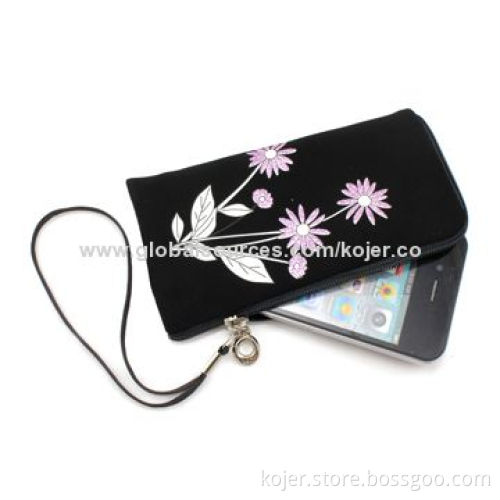 Black Velvet Zipper Pouch for iPhone 4 with Lanyard, Comes in Various Beautiful Patterns